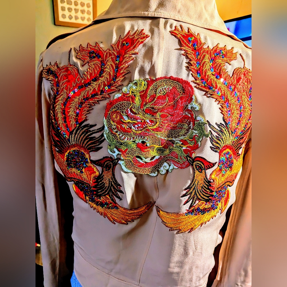 COPY - UP-CYCLED🍑Peach Silk🍑BOMBER JACKET🧥😎J. CREW🐲🐦‍🔥EMBROIDERED PHOENIX